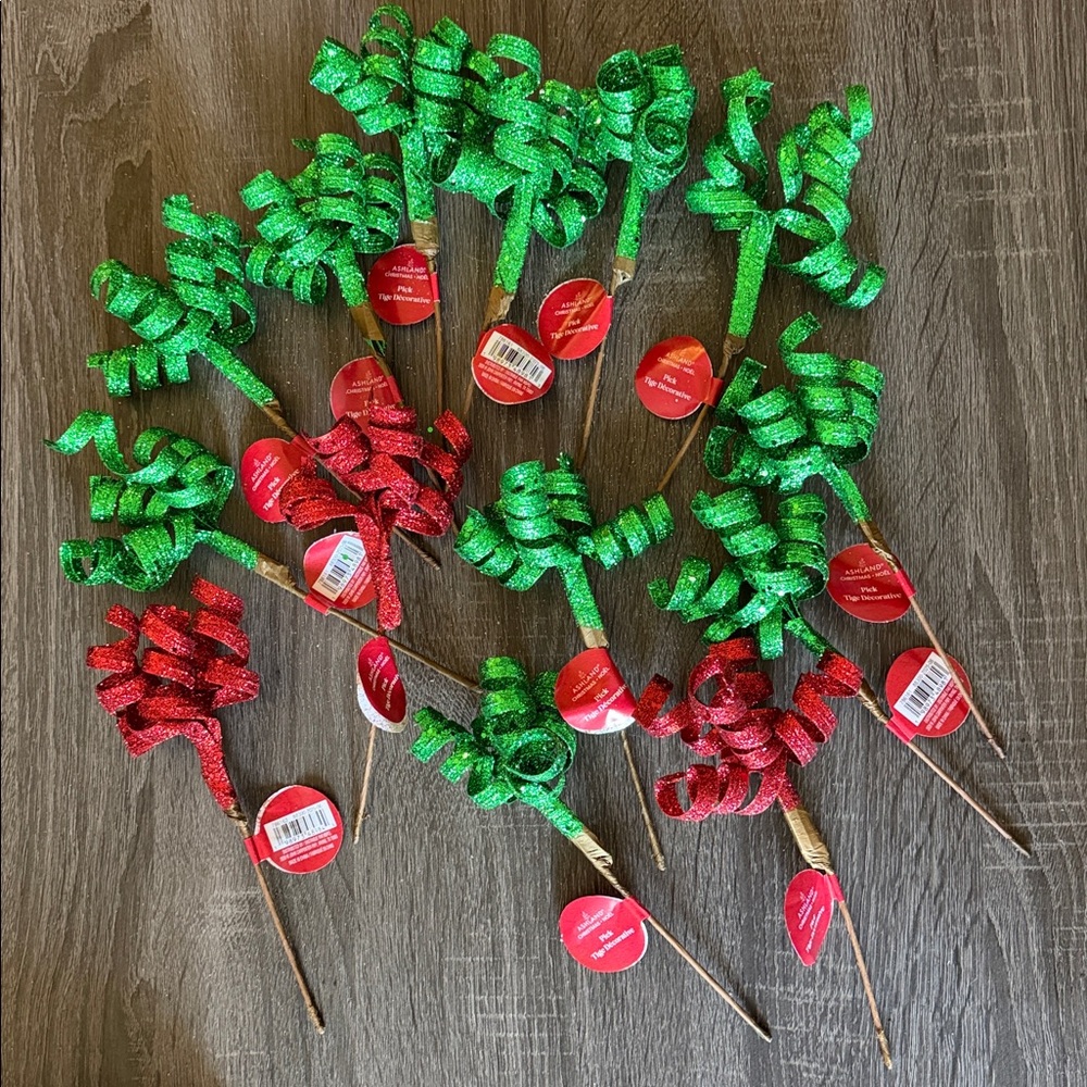 Green  and Red Glitter Picks — Set of 14